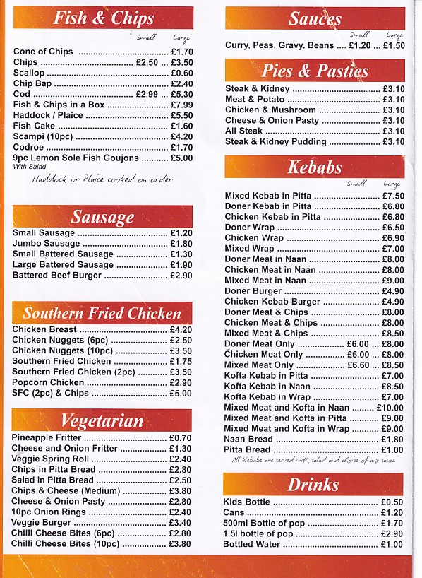 Menu of Kinsley fish chips