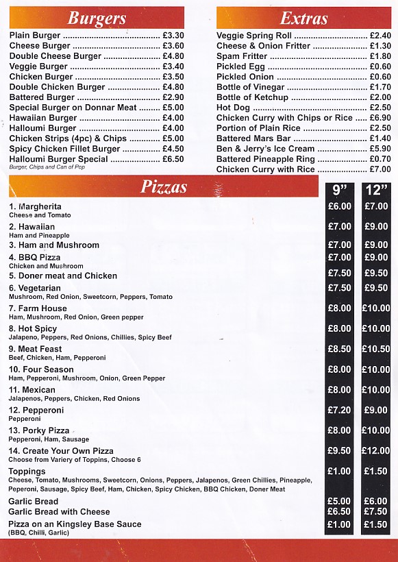 Menu of Kinsley fish chips