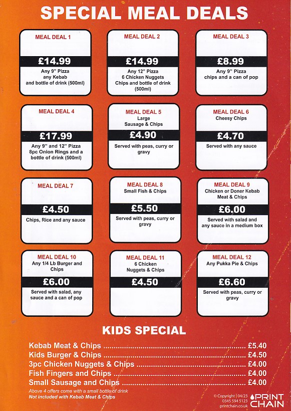 Menu of Kinsley fish chips