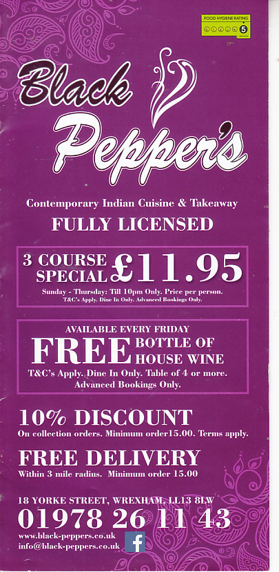 Black peppers Indian menu Wrexham