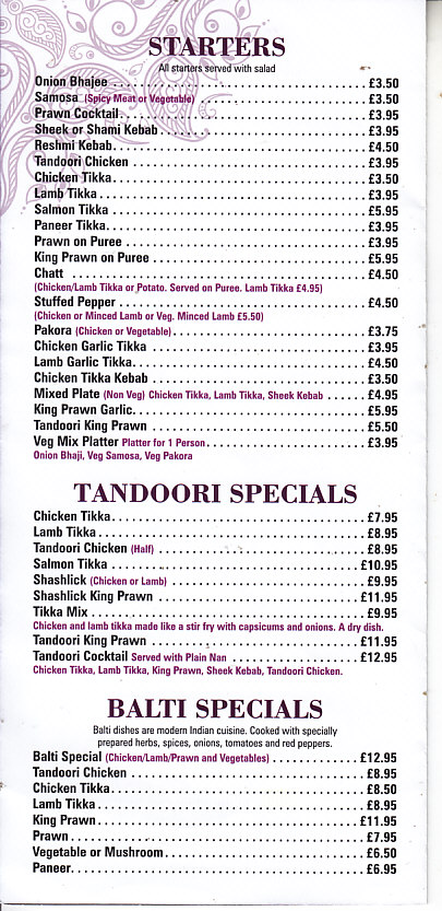 Black peppers Indian menu Wrexham