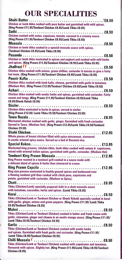 Black peppers Indian menu Wrexham