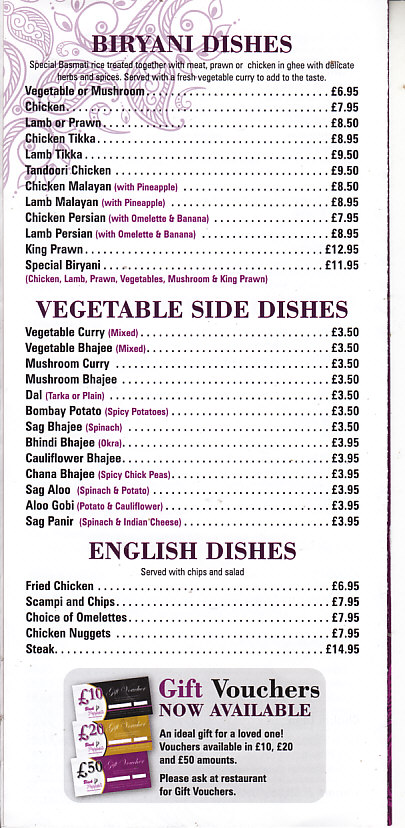 Black peppers Indian menu Wrexham