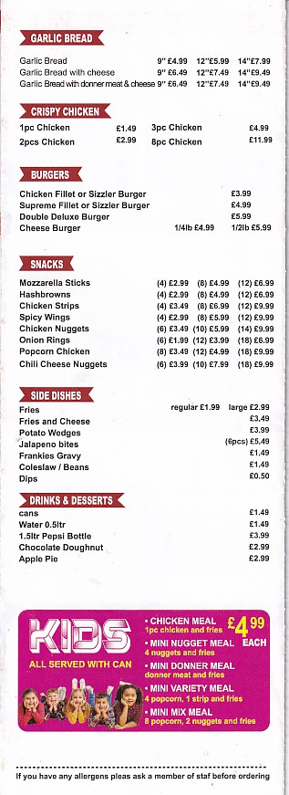 Menu of Frankies Wrexham