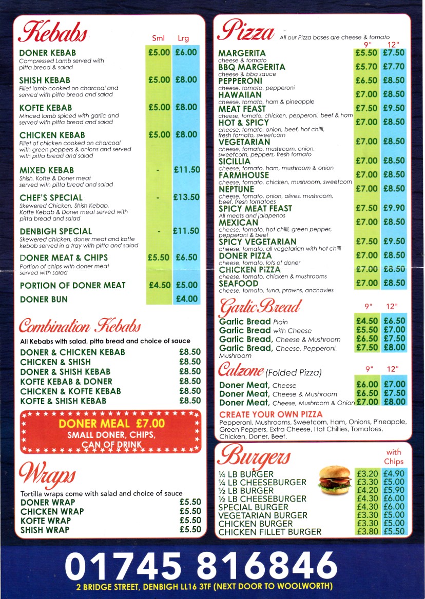 Menu of Denbigh Kebab Shop